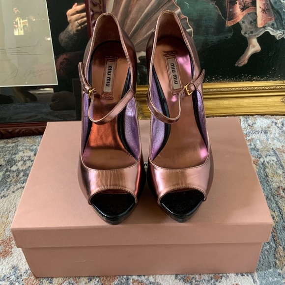 miu miu Capretto Lamina Cammeo metallic rose gold copper open peep toe Mary Jane - Picture 7 of 14